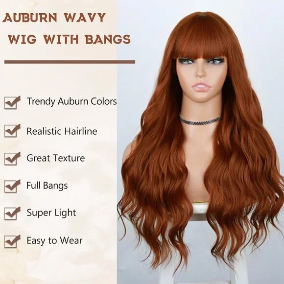 [26 INCHES] Auburn Long Wavy Wig with Bangs - Picture 2 of 9
